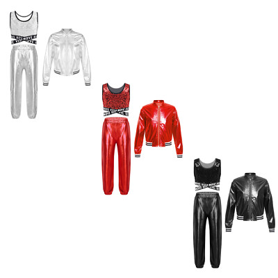 Kinder Pailletten Tanz-Outfit Jazz Hip-Hop – Glänzendes Kapuzenjacke & Hose Set