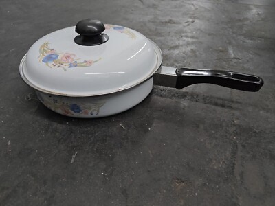 Vintage Enamelware Lidded Frying Pan Kitchen Skillet  Floral Pink Blue