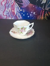 Victoria C & E Gold Trim Pink & Green Floral Bouque Fluted Tea Cup & Saucer Set
