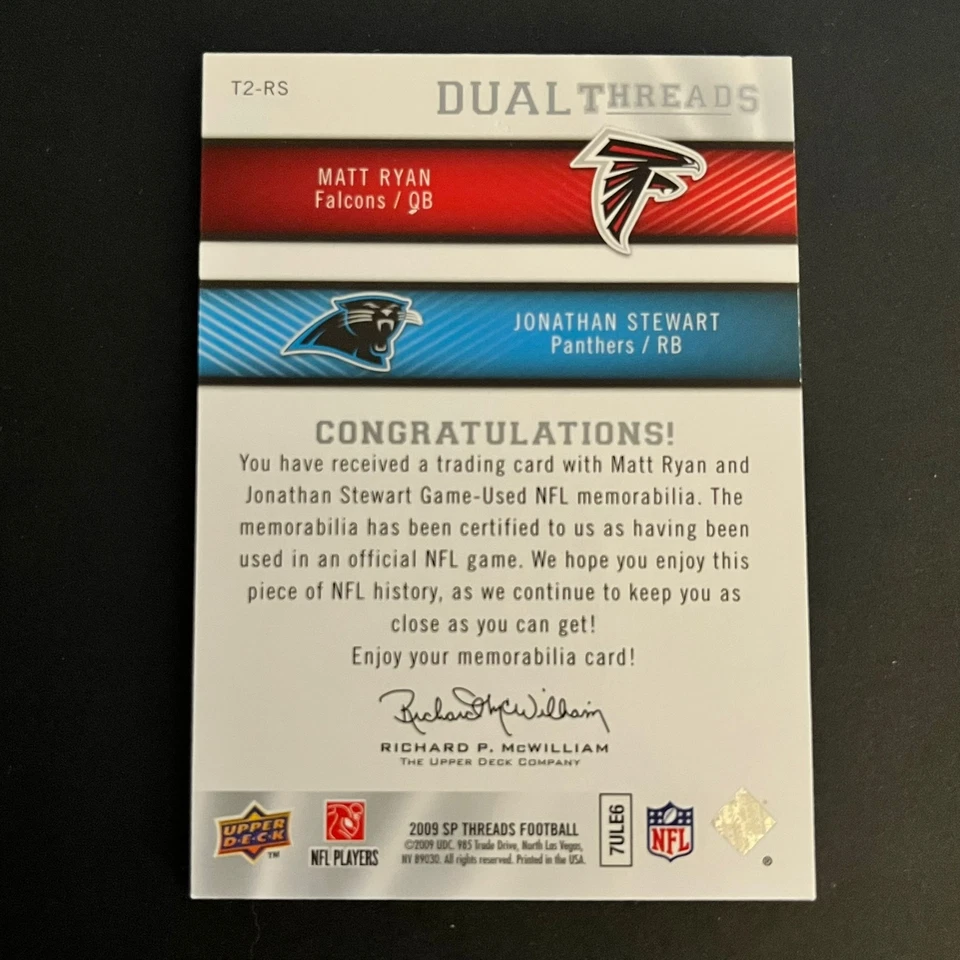 2009 SP Threads Dual Rookie Matt Ryan Jonathan Stewart /199 Falcons - Image 2 of 2