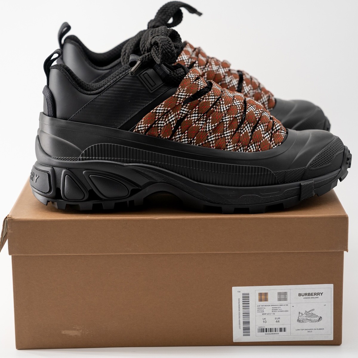 size 11 /EU 44 Burberry Arthur Lace Black Brown Sneakers 