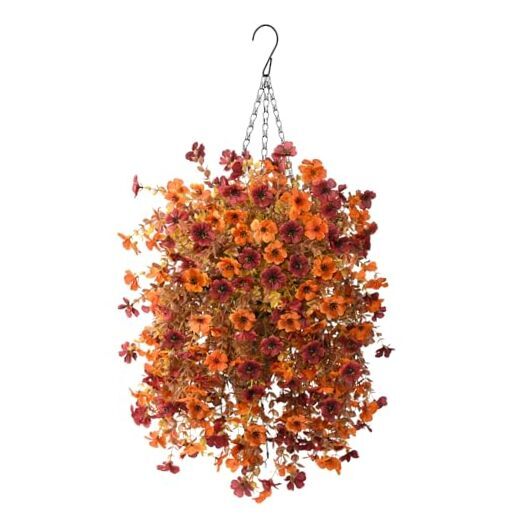 Artificial Faux Hanging Plants Flowers Basket for Fall Outdoor Orange Brown