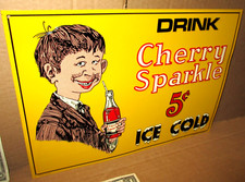 CHERRY SPARKLE - Ice Cold - EMBOSSED SIGN - Made in USA - SHOWS OLD GLASS BOTTLE