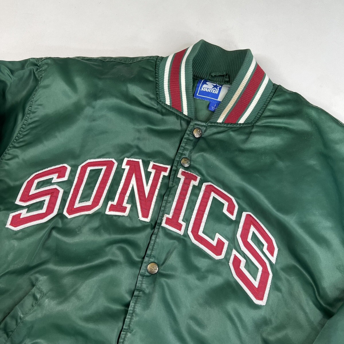 Vintage 90s Seattle Super Sonics Sz L NBA Satin Jacket Bomber