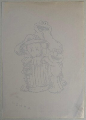 KAWS (Handmade) Drawing On old Paper Signed Mixed Media, Vtg Art