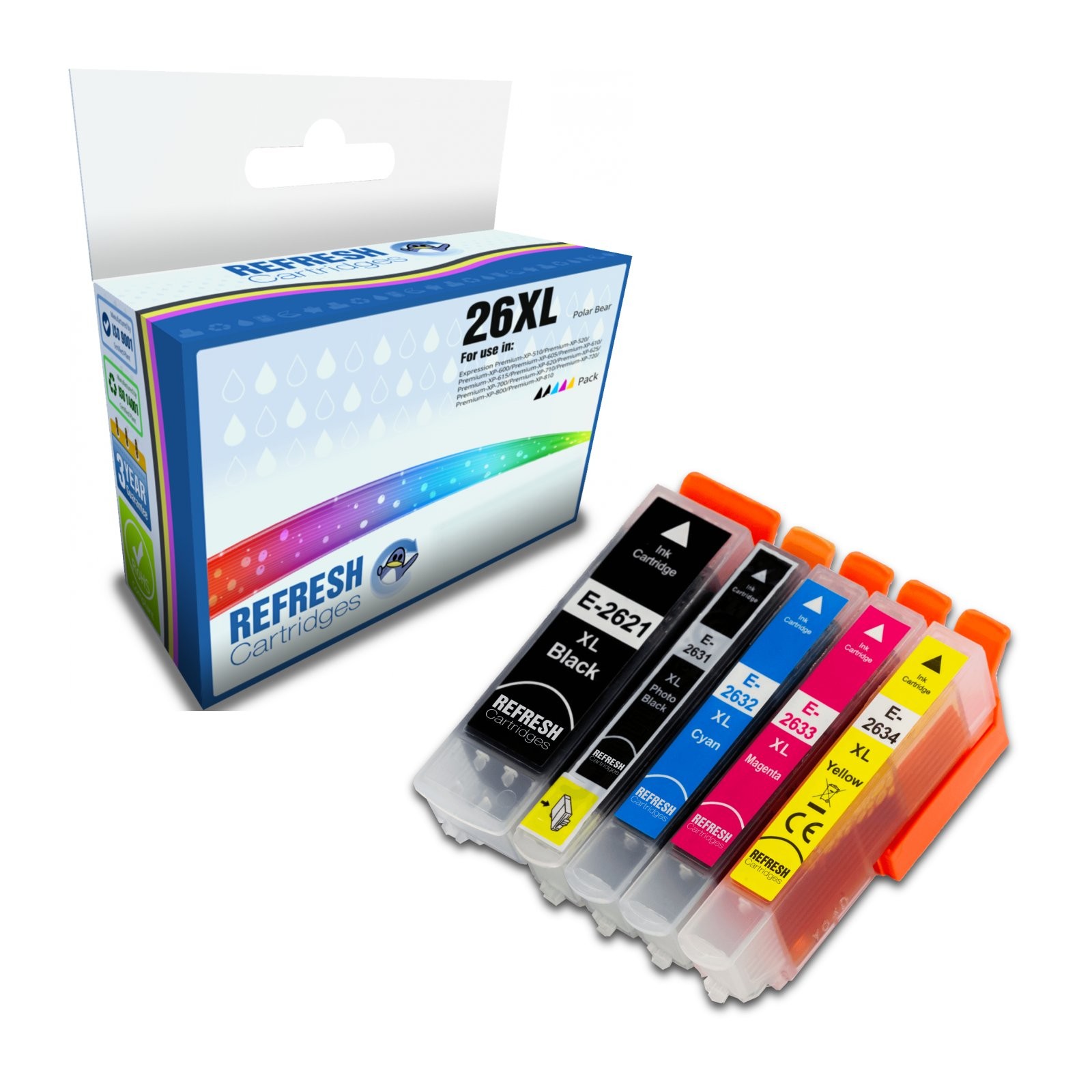 Refresh Cartridges Full Set 5 Pack 26XL Ink Compatible With Epson Printers