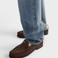 NEW PRADA Men’s Chocolate Brown Suede Leather Logo Slip Dress Loafers Size 9￼