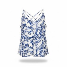 Paper Crane Cami Top Women L Blue White Tank Floral Delicate Boho Indie Beach