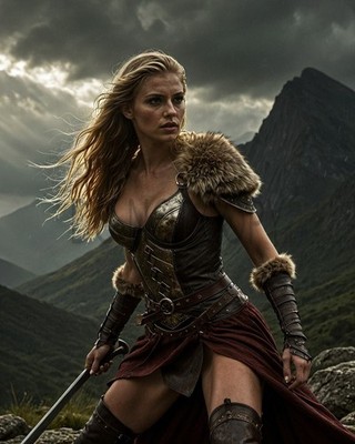 Viking Shield Maiden Warrior Mountains Storm Battle Fantasy Art Print