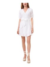 1. STATE Womens White Self Tie Belt Lined Zippe Elbow Sleeve Short Dress 4