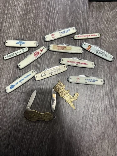 Lot Of 13 VINTAGE POCKET KNIVES- Remington, Winchester, Elvis, Ford, Chevy, Coke