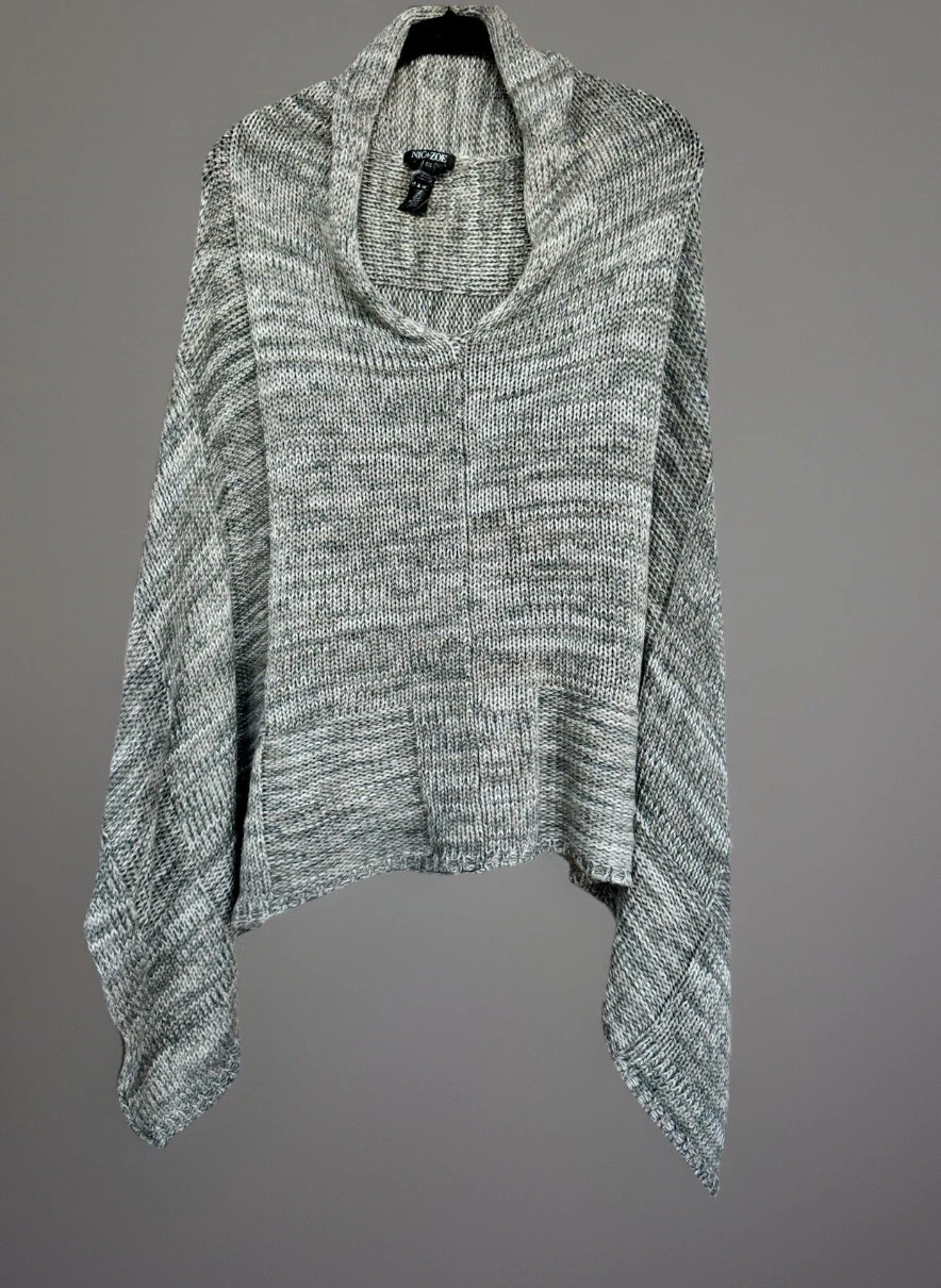 Nic + Zoe Womens Neck Pullover V-Cotton Blend Knit Poncho Gray/Beige One Size