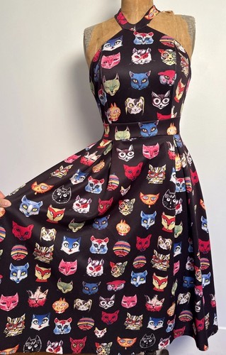 High Neck All Over Cat Print Rainbow Halter Midi Dress Stretch Jersey Cute! S