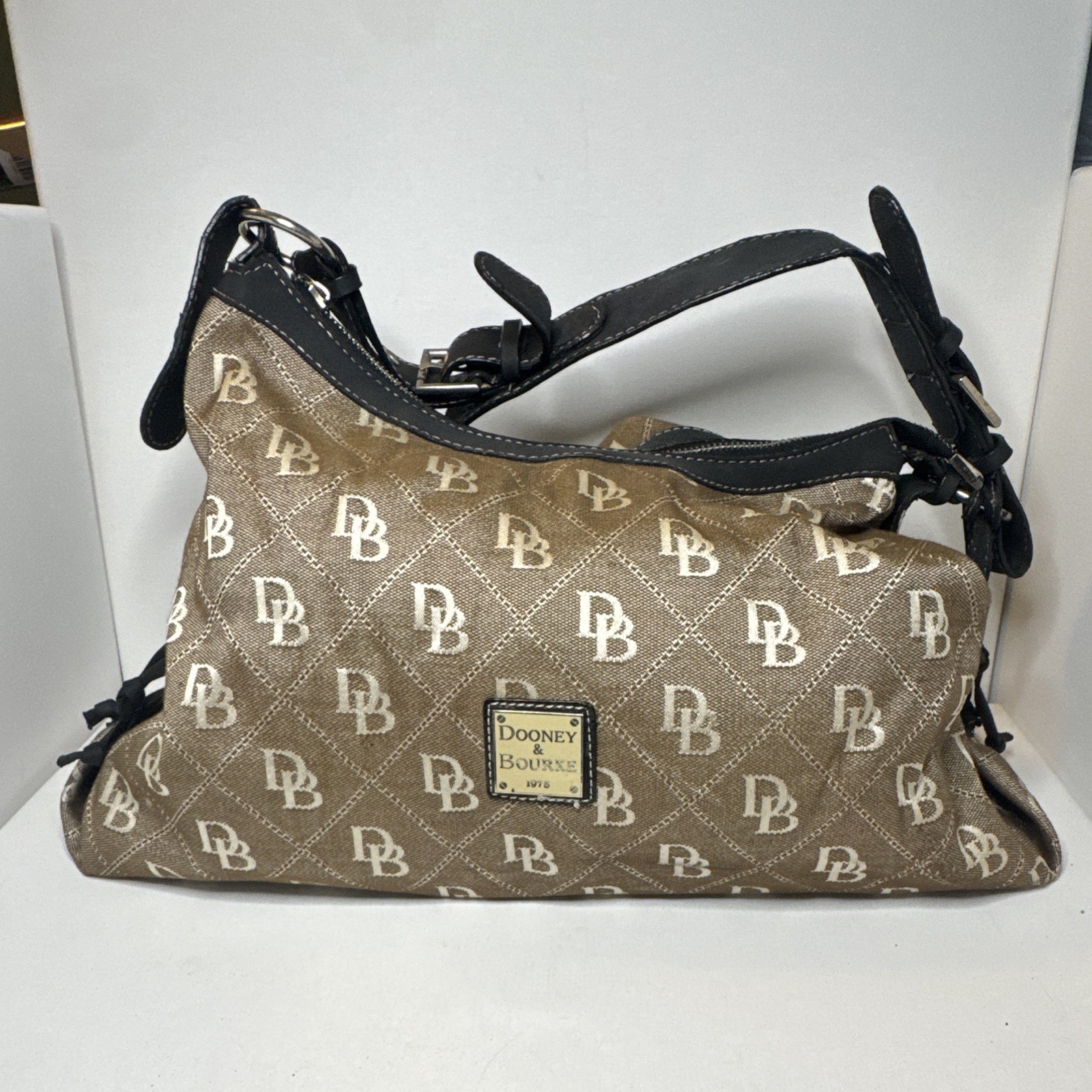 Vintage Dooney & Bourke Brown Monogram Shoulder Bag Black Trim