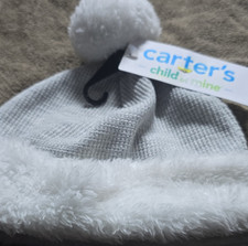 Carter's Newborn Gray White Knit Solid Beanie Hat with Pom Pom