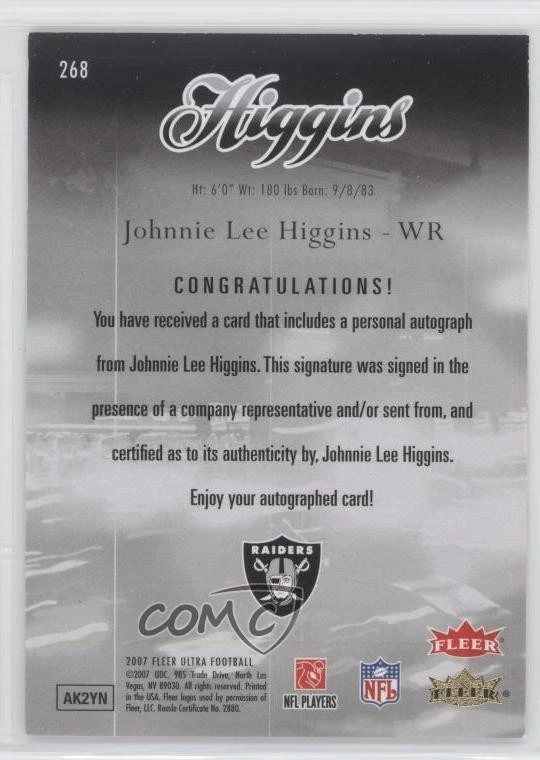 2007 Fleer Ultra Rookies /199 Johnnie Lee Higgins #268 Rookie Auto RC - Image 2 of 2