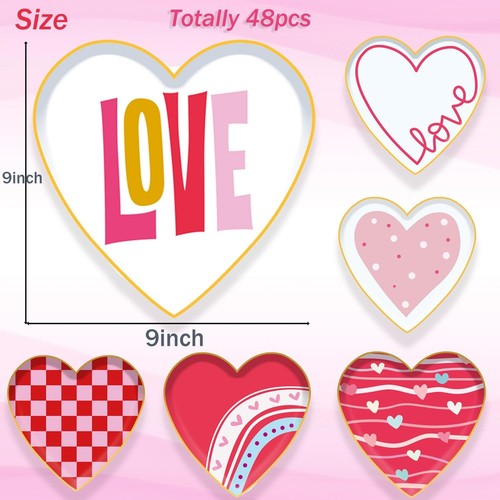 48pcs 9 inch Valentines Day Heart Shaped Paper Plate - Pink Red White Heart P... - Picture 2 of 6
