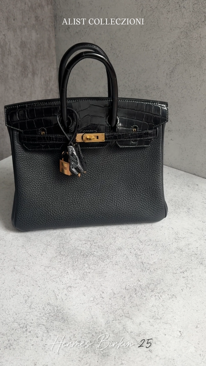 Hermes Birkin 25 Touch Noir/Black Togo/Shiny Nilo Crocodile w