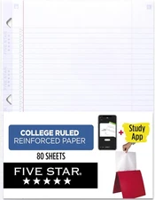 Five Star Loose Leaf Paper + Study App, College Ruled Filler Notebook Paper,