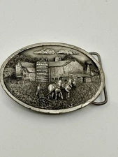 Vintage 1984 Bergamot Brass Works Belt Buckle USA Silver Farmer In Field.