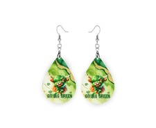 St. Patrick's Day Goin' Green Print Wood Dangle Teardrop Print Earrings Jewelry