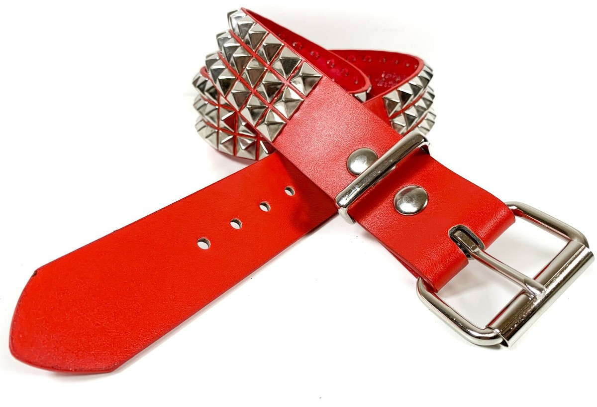 Vegan Red Leather Three Row Pyramid Stud Belt Genuine Punk Goth