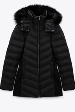 Zara Black Hooded Down Puffer Jacket With A Faux Fur Trim Brand New, Size S