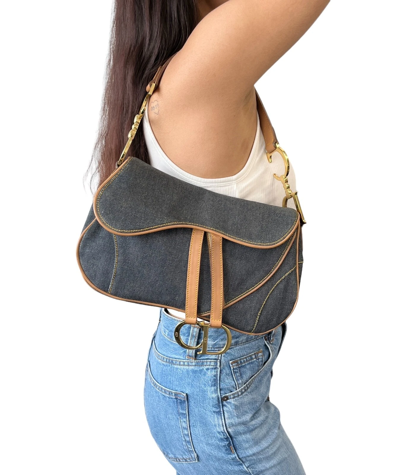 Sac double selle vintage Christian Dior denim bleu foncé marron coton rang AB