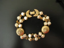 VINTAGE FAUX PEARL SUN BURST CRESENT MOON DOUBLE STRAND SLIDE BRACELET 7"