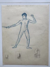 Vintage 1930s Drawing Figure Sketch Male Man With Sword Pencil GAY INT 8 x 10.5