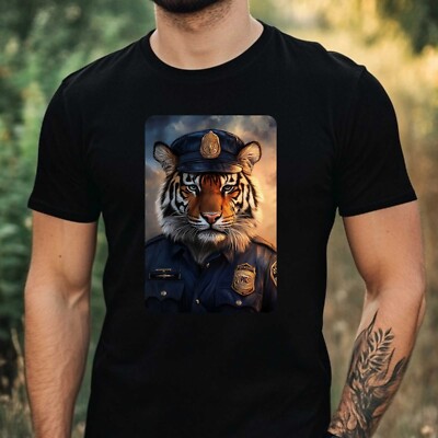 Herren T-Shirt Tiger als Polizist Motiv Baumwolle Größe XS bis 5XL