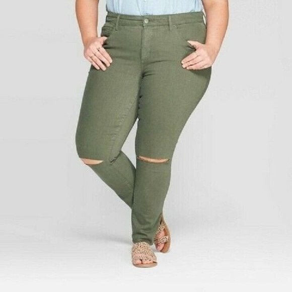 -New Universal Thread Jegging Jean Womens Green Ripped Distressed Raw Hem Sz 26