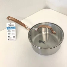 Viking 3-Ply Stainless Steel 2.25 Quart Sauce Pan Glass Lid Copper Handle - NEW