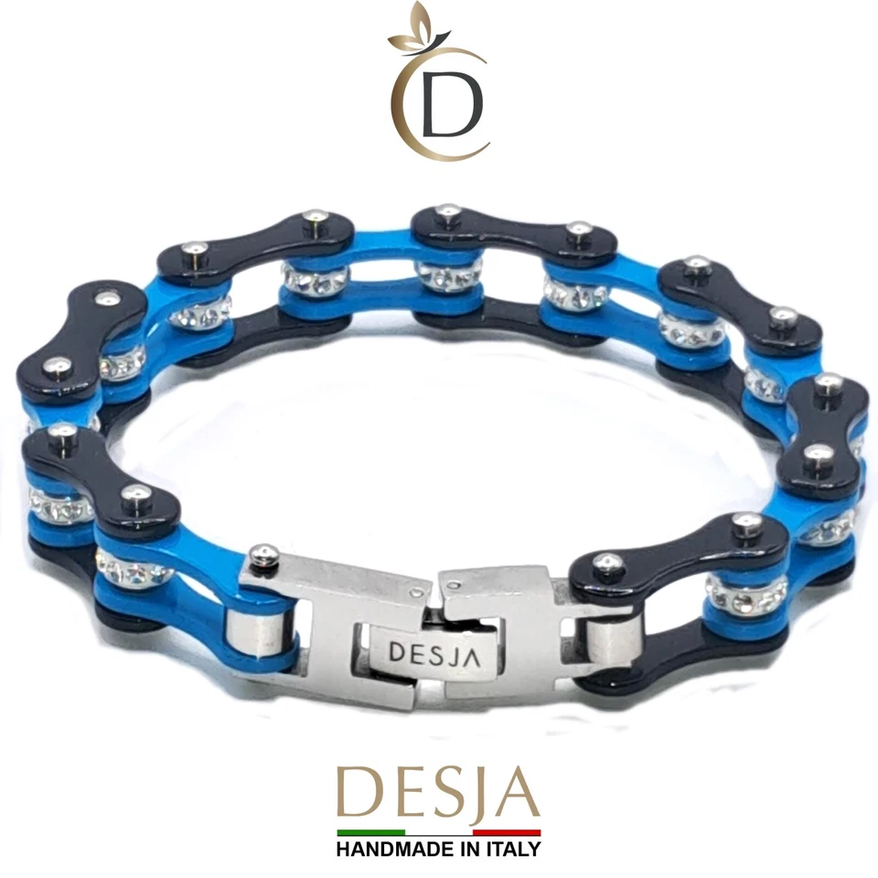 Bracciale Catena Moto Acciaio Nero Azzurro Cristalli | Light Cristal Desja® Unis - Immagine 2 di 3