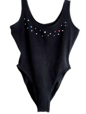 Ladies Leotard Size M Black Jeweled Tank Style Hi Cut Legs - Exercise Dance Wear