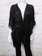 Vince Camuto Womens Shawl Top One Size Black w/Tie Tasseled Crochet