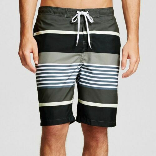 Merona Men's Striped Three Pocket Swim AT KNEE Trunks Size S Railroad Gray NWT