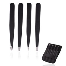 Black Tweezers Set 4-Piece Professional Stainless Eyebrow Hair Pluckers Case