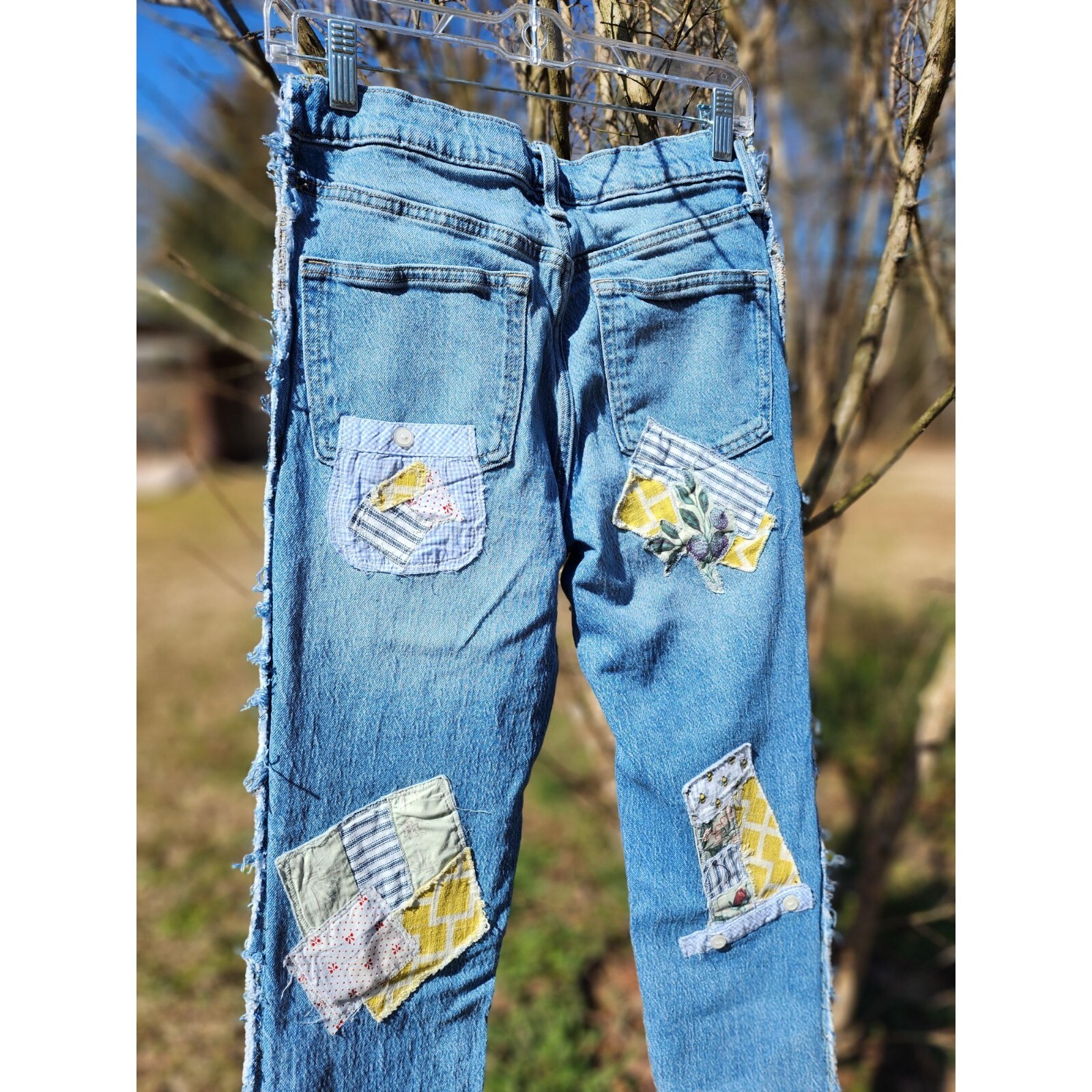 Denim jeans Upcycled distressed Patchwork appliqu… - image 9