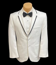 Men's White Tuxedo Jacket with Black Trim & Black Flat Front Pants Size 44L 38W