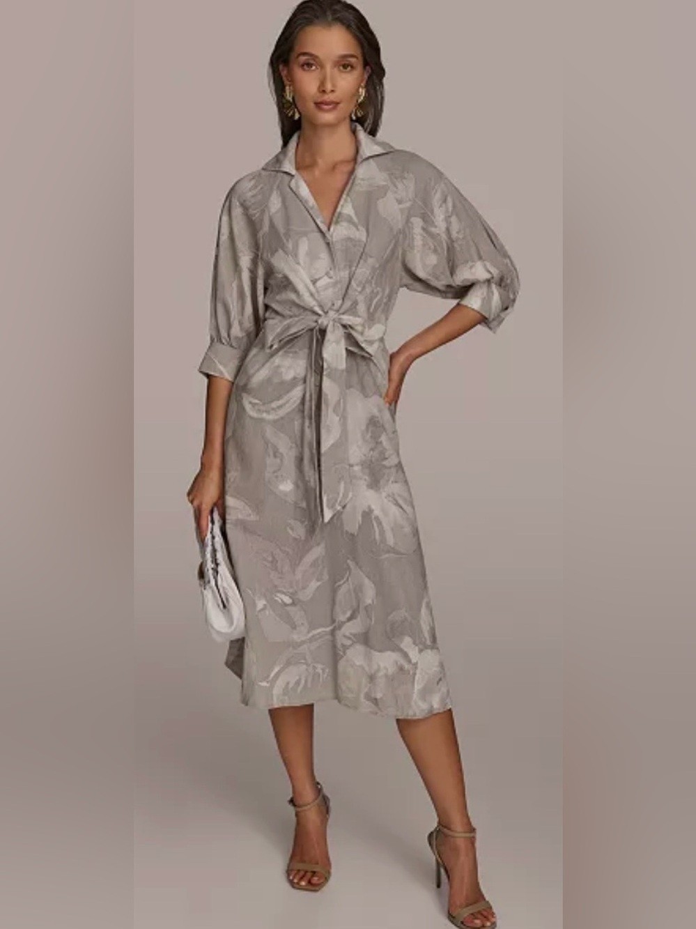 Donna Karan New York NWT Linen Blend Floral Midi Dress 16 Tie Waist Shirt Dress