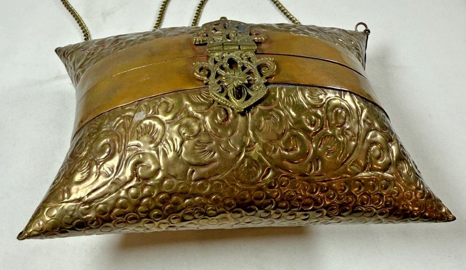 Vintage Brass & Copper Ornate Metal Pillow Purse Purple Velvet Lining - Image 4 of 4