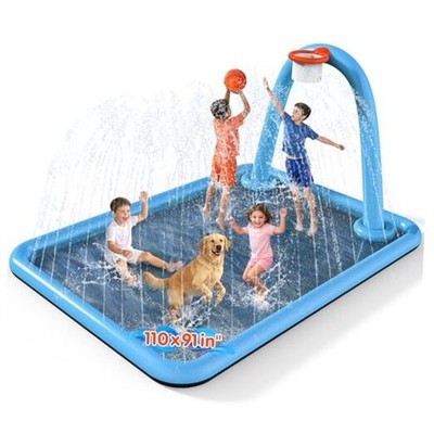 Splash Pad, 110x91'' 2-in-1 Large Sprinkler Mat with Square 110*91 in Blue