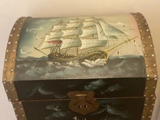 Large Vintage Wooden Hand Painted Treasure Chest/Trunk Old Sailing Ship 18" x 17
