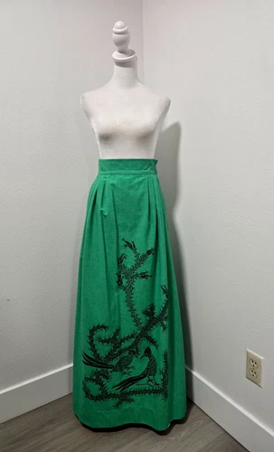 1970s HARWOOD STEIGER SIGNED HANDPRINTED SONORAN ROADRUNNER GREEN MAXI SKIRT