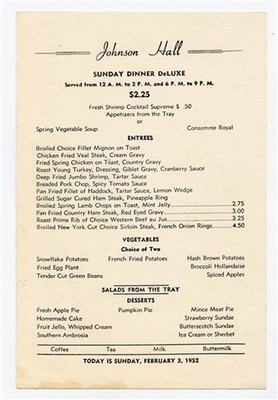Johnson Hall Sunday Dinner Deluxe Menu 1952