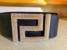 Women  s Black Wide Faux Leather Waist Belt Silver Rhinestone Buckle One Size