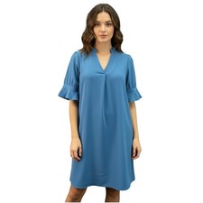 Flare Dress Blue Tunic Women XL Puff Sleeve Ruffle Hem Lightweight Career Church