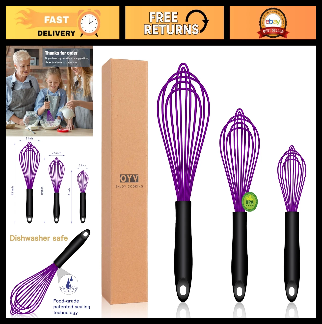 Set of 3 Dishwasher Safe Silicone Whisks - Heat Resistant, Non-Scratch Kitchen T