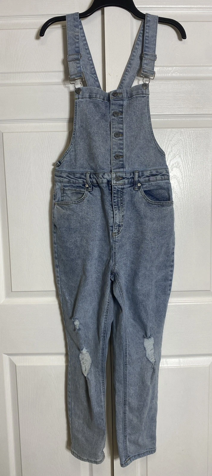 No Boundaries Sz Large Denim Button Front Overalls Light Wash Distressed